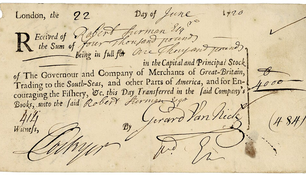 Certificat d&#039;actions de la South Sea Company, dans laquelle l&#039;Eglise anglicane a investi au 18e siècle / ©Wikimedia Commons/CC0