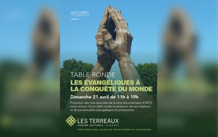 Flyer de la rencontre du 21 avril aux Terreaux Lausanne: Les évangéliques à la conquête du monde