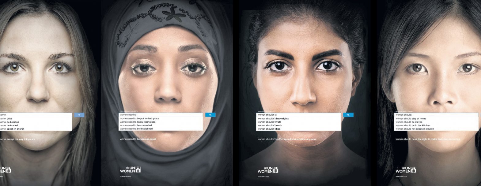 Intelligence artificielle En 2013, une campagne d’ONU Femmes contre le sexisme utilise de véritables propositions de recherche Google pour révéler la discrimination, le déni, le rejet dont les femmes font toujours l’objet au XXIe siècle. Source: www.pin.fo/onufemmes / © UNWomen.org