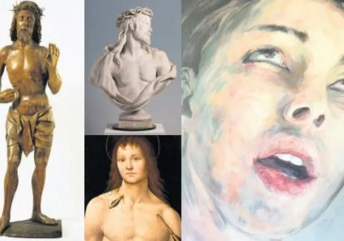 De gauche à droite: Christ ressuscité montrant ses plaies (bois de noyer, 1460-1470); Marcello (Adèle d’Affry) «Ecce Homo» (marbre, 1877); Saint-Sébastien (liant huileux sur bois, vers 1500); Wojtek Klakla, « Non-Binary » (acrylique sur toile, 2021). © MAHF - Francesco Ragusa/Wojtek Klakla