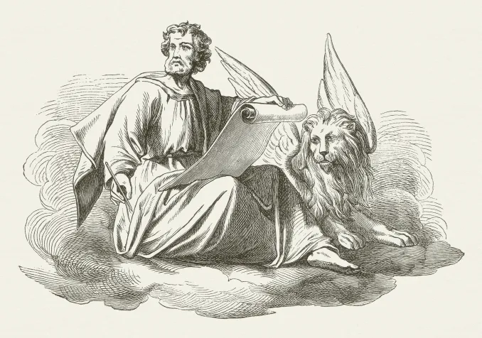Représentation symbolique de l’évangéliste Marc. Gravure sur bois de 1877 inspirée d’une peinture de Julius Schnorr von Carolsfeld (1794 - 1872). @iStock