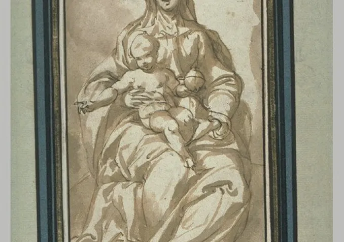 Vierge à l'enfant tenant un globe du Monde (extrait) Anonyme, 16e siècle, collection du Louvre (extrait)