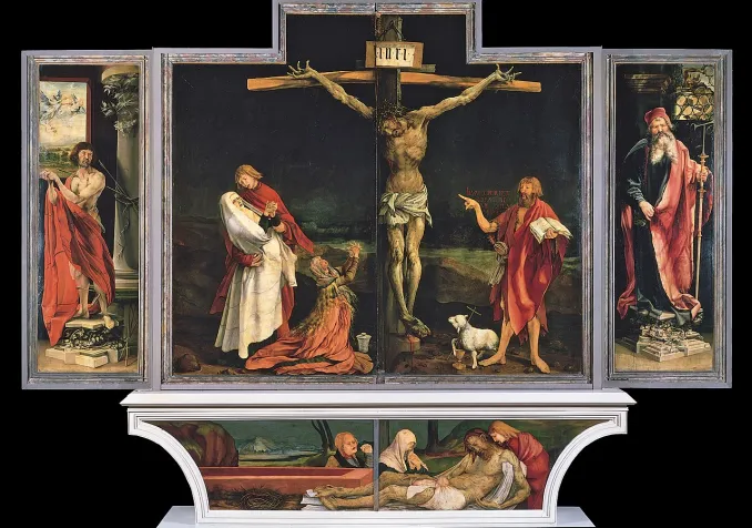 Matthias Grünewald, Partie du Retable d'Issenheim v. 1512-1516, huile sur bois, Musée Unterlinden, Colmar (wikipedia) Matthias Grünewald, Partie du Retable d'Issenheim v. 1512-1516 (wikipedia)