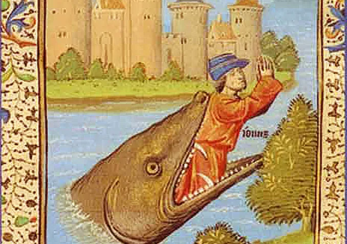 Jonas rejeté par le grand poisson, extrait de la Bible du pape Jean XXII (XIVe siècle).