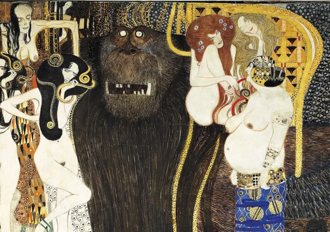 Les forces du Mal et les trois Gorgones, partie de la Frise Beethoven, Gustav Klimt, 1902 Gustav Klimt - Les forces du Mal et les trois Gorgones - 1902