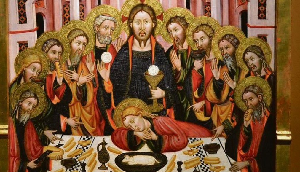 Panneau central du retable de l'église de la Nativité de Vilafermosa (Valence, Espagne). Huile sur bois datée de la fin du XIVe siècle et attribuée au maître de Vilafermosa. Image fournie par Olivier Bauer. (www.olivierbauer.org/la-cene). Panneau central du retable de l'église de la Nativité de Vilafermosa (Valence, Espagne). Huile sur bois datée de la fin du XIVe siècle et attribuée au maître de Vilafermosa. Image fournie par Olivier Bauer. (www.olivierbauer.org/la-cene). / © CC(by) Joanbanjo/Wikimedia