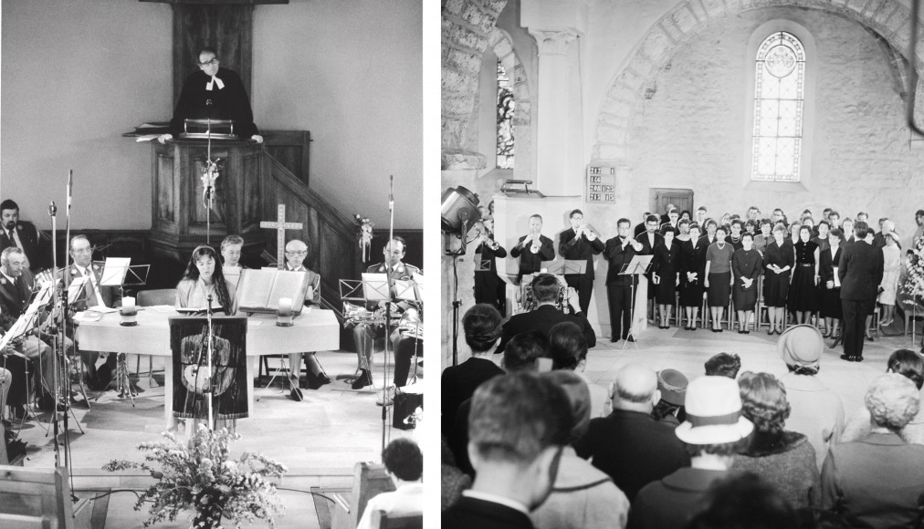 Le culte radio à Orbe, en 1963 (à gauche) et pour Pâques à Villeneuve en 1961 (à doite) / © Edipresse/Jean-Pierre Grisel / Archives RTS