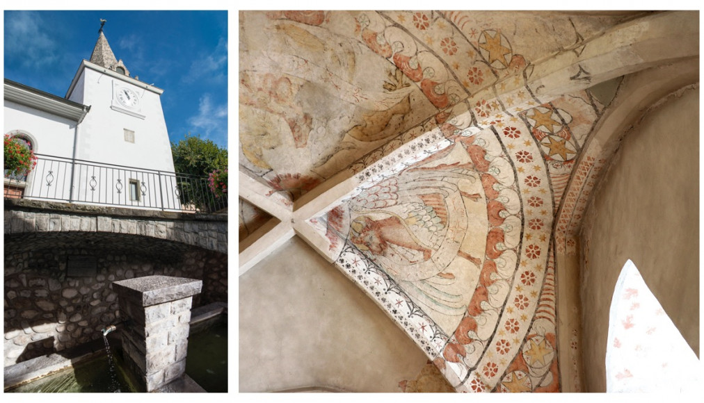 Le temple de Chardonne au cœur du village et la fresque montrant les quatre évangélistes, découverte en 2000 dans le chœur du temple. / © Marion Savoy / © Samuel Verdan