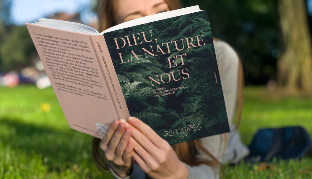 Le mook « Dieu, la nature et nous, Repères pour une écologie protestante» lu dans un pré. / Photomontage (Eh oui, notre mook est en cours de fabrication) 