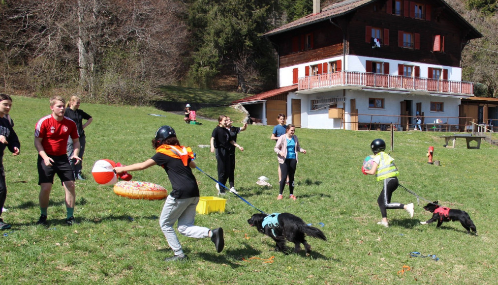 Course agile sous la supervision de la propriétaire des chiens. Camp de printemps à Saint-George sur le thème «Aller jusqu’au bout de soi-même avec le Seigneur des anneaux». Course agile sous la supervision de la propriétaire des chiens. Camp de printemps à Saint-George sur le thème «Aller jusqu’au bout de soi-même avec le Seigneur des anneaux». / © Christophe Peter