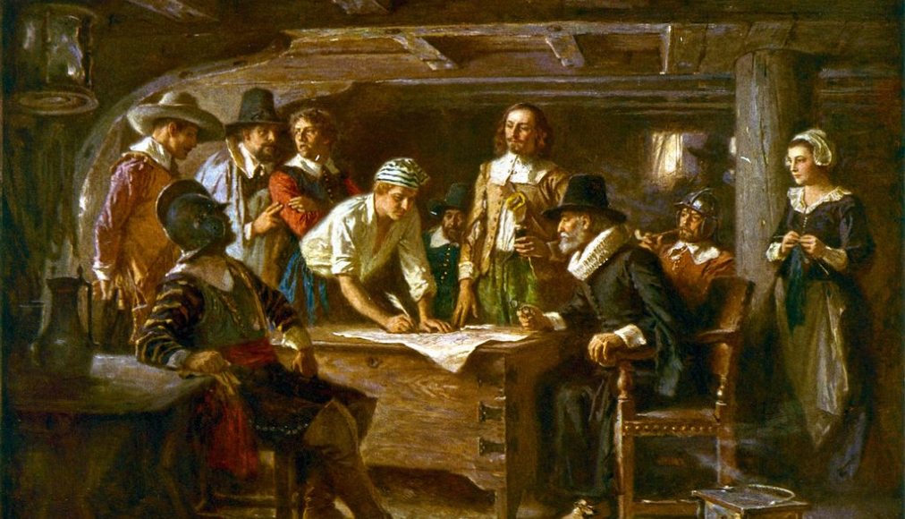 &quot;La signature du Mayflower Compact&quot;, tableau d’Edward Percy Moran, conservé au musée de Plymouth. Reproduit par l&#039;artiste Jean Leon Gerome Ferris (1863-1930).. / © Jean Leon Gerome Ferris, Public domain, via Wikimedia Commons