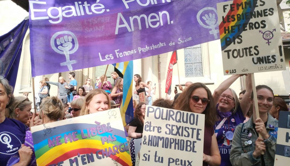 Vendredi 14 juin 2019, femmes protestantes lors de la grève des femmes à Lausanne. / EERV