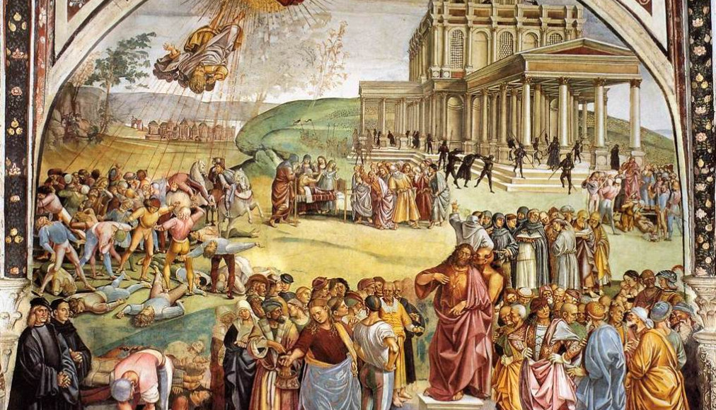 Luca Signorelli (1450-1523): Le Règne de l'Antéchrist, Dôme d'Orvieto (après 1500) Luca Signorelli (1450-1523): Le Règne de l'Antéchrist, Dôme d'Orvieto (après 1500) / Fresque De Luca Signorelli représentant le Règne de l'ANtéchrist. L'artiste s'est représenté en noir dans le coin de la fresque.