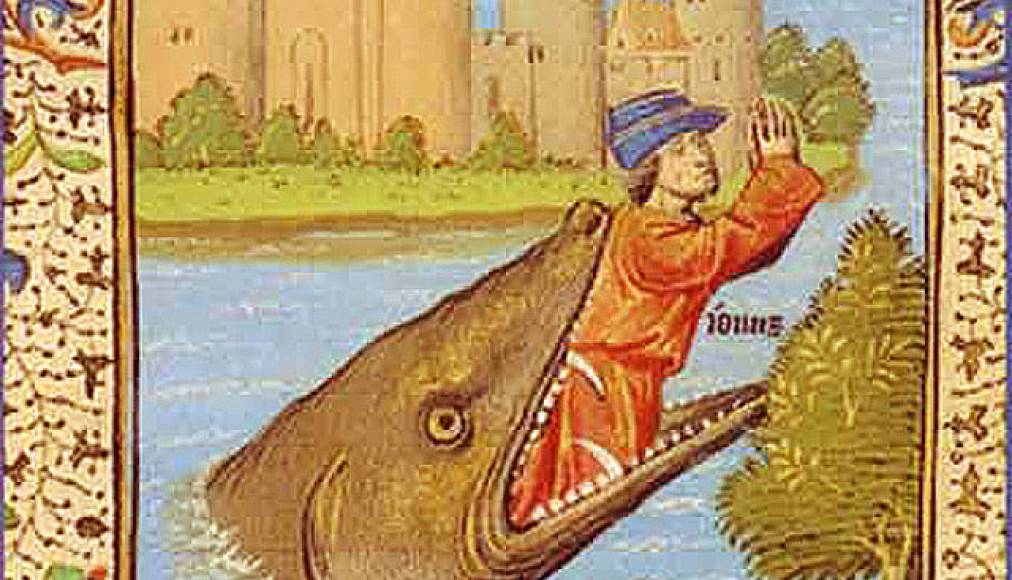 Jonas rejeté par le grand poisson, extrait de la Bible du pape Jean XXII (XIVe siècle). Jonas rejeté par le grand poisson, extrait de la Bible du pape Jean XXII (XIVe siècle).
