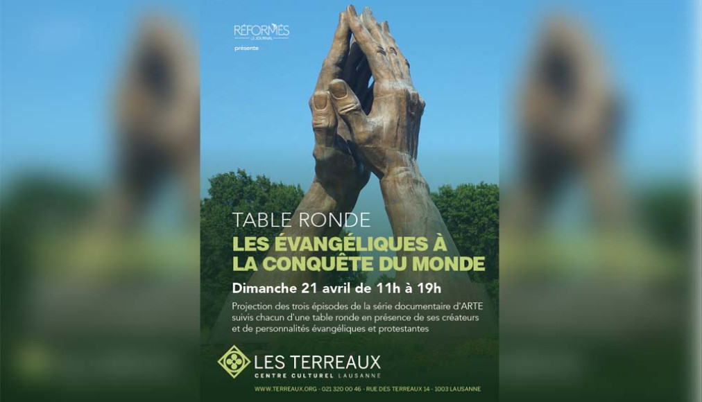 Flyer de la rencontre du 21 avril aux Terreaux Lausanne: Les évangéliques à la conquête du monde