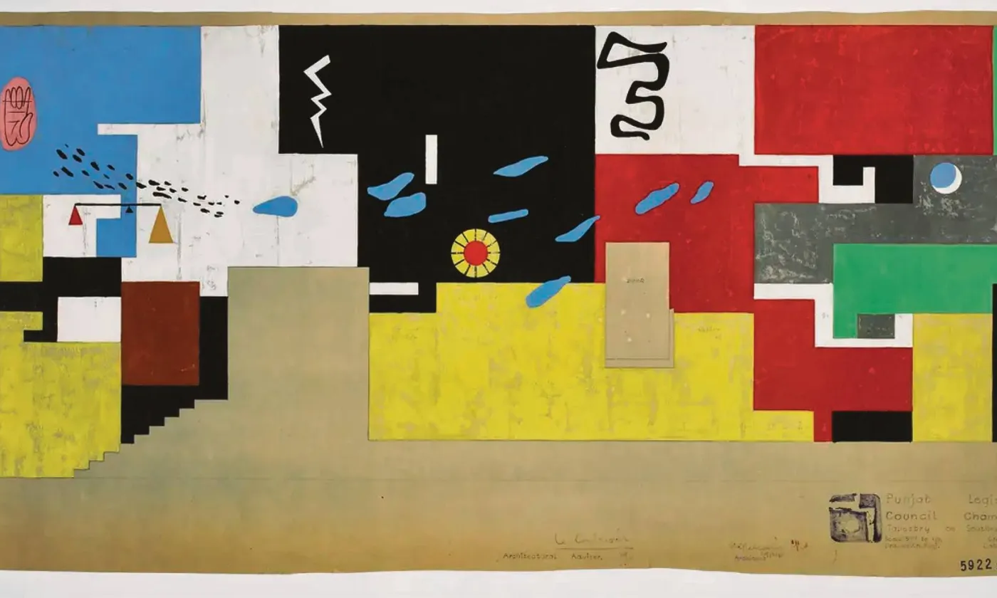 Etude pour la tapisserie de la salle du Conseil de la Haute Cour de Chandigarh, Le Corbusier (Charles-Edouard Jeanneret), 1961. Gouache sur tirage hélio, 49 × 122 cm, Fondation Le Corbusier, Paris. © FLC/ProLitteris, Zurich