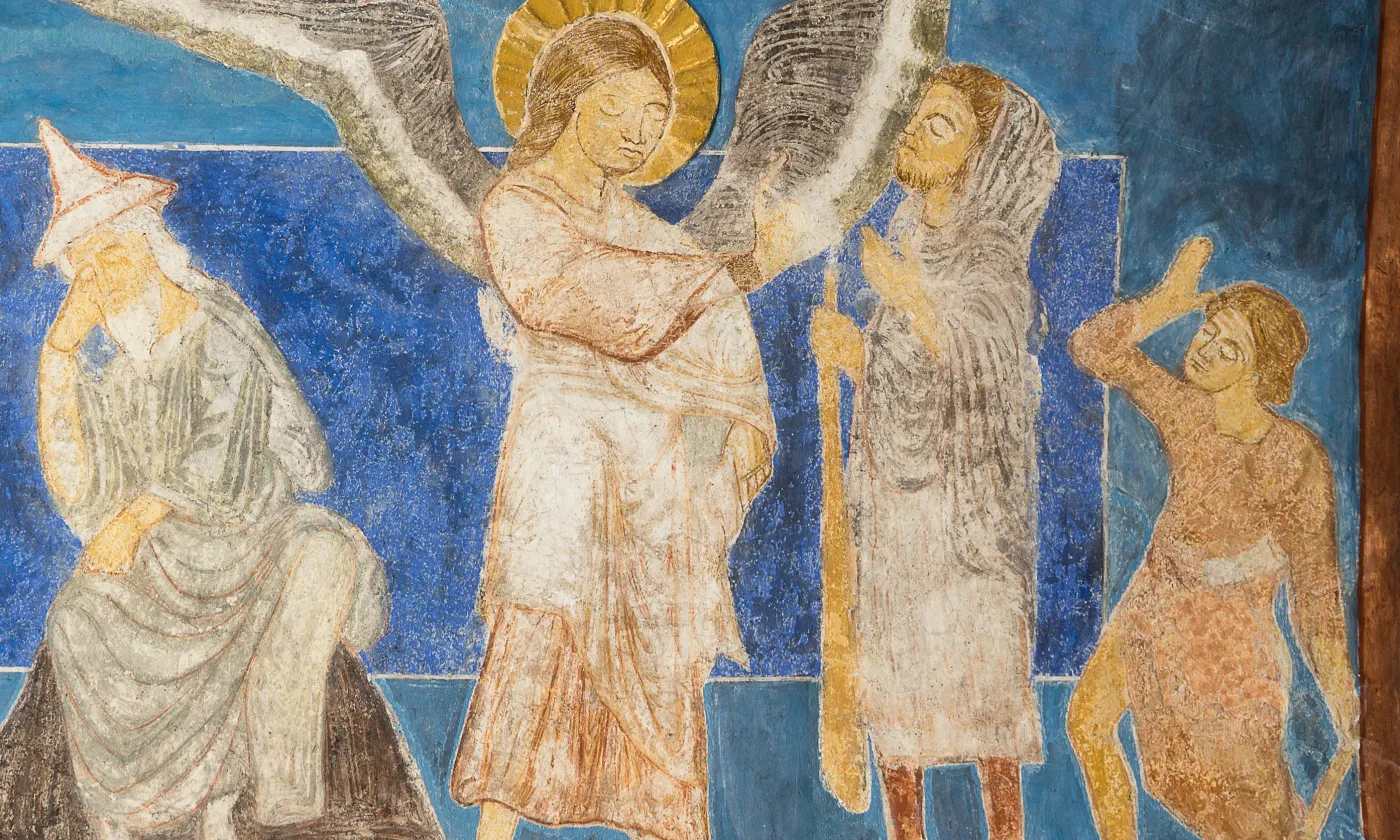 Fresque byzantine dans l'église de Bjaresjo, en Suède: un ange laisse d'heureuses nouvelles aux bergers. © Stig Alenäs | Dreamstime.com