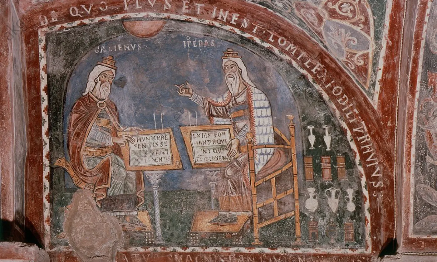 Hippocrate et Galien, les fondateurs de la médecine occidentale (fresque du XIIIe siècle)