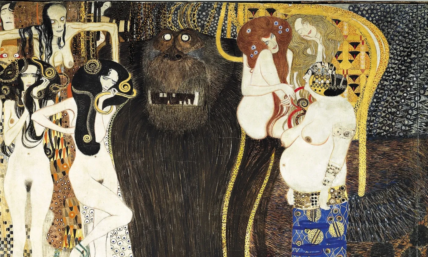 Les forces du Mal et les trois Gorgones, partie de la Frise Beethoven, Gustav Klimt, 1902 Gustav Klimt - Les forces du Mal et les trois Gorgones - 1902