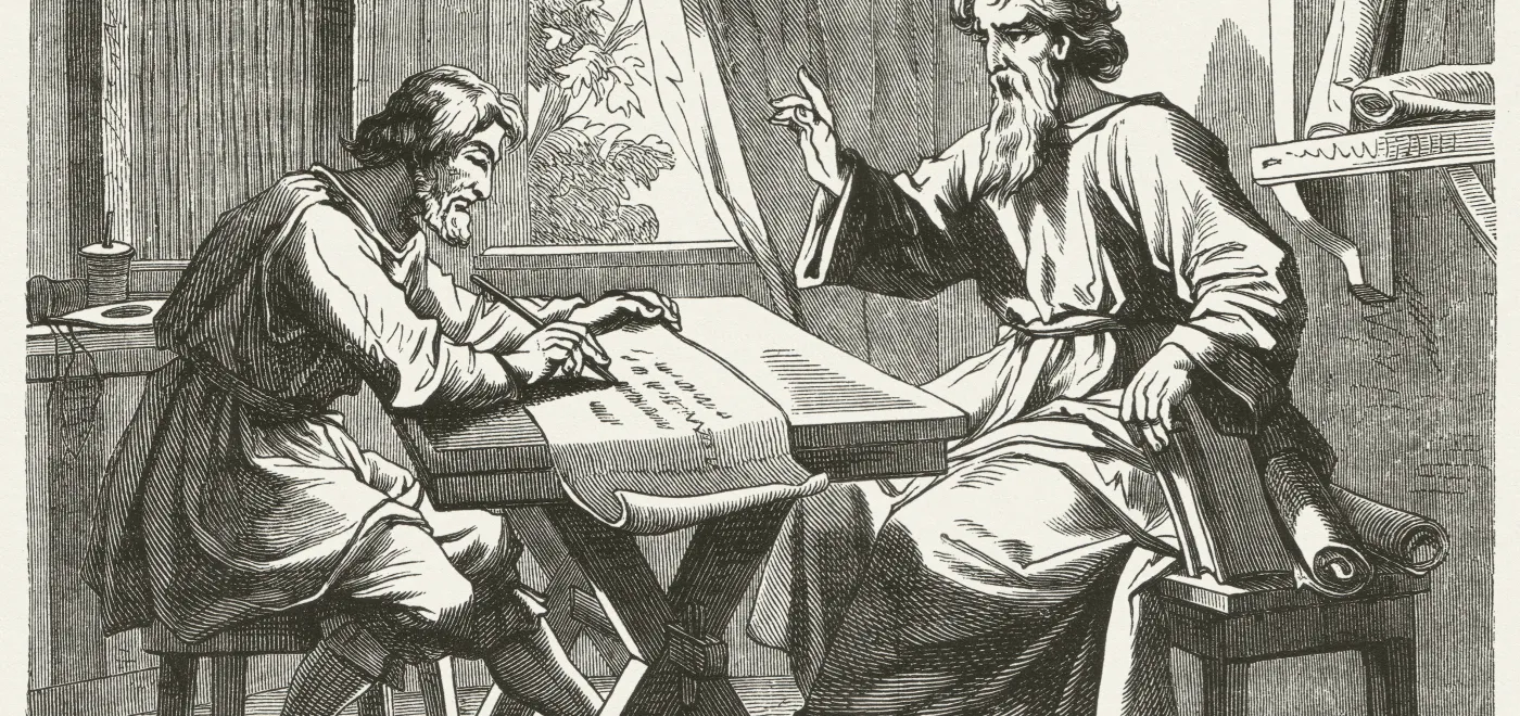 Paul dictant l’Epître aux Romains à Tertius. Gravure sur bois du peintre allemand Julius Schnorr von Carolsfeld (1794-1872) inspirée par Romains 16:22. @iStock