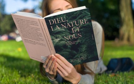 Le mook « Dieu, la nature et nous, Repères pour une écologie protestante» lu dans un pré. / Photomontage (Eh oui, notre mook est en cours de fabrication) 