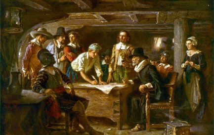 &quot;La signature du Mayflower Compact&quot;, tableau d’Edward Percy Moran, conservé au musée de Plymouth. Reproduit par l&#039;artiste Jean Leon Gerome Ferris (1863-1930).. / © Jean Leon Gerome Ferris, Public domain, via Wikimedia Commons