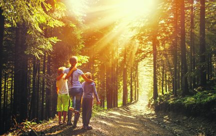 ©istock / Une femme et deux enfants en forêt regardent le soleil qui perce à travers les arbres