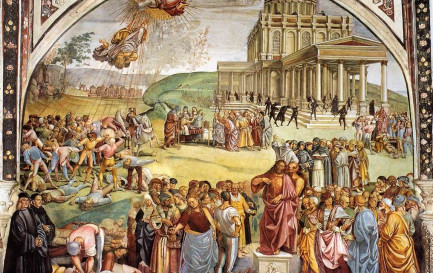 Luca Signorelli (1450-1523): Le Règne de l&#039;Antéchrist, Dôme d&#039;Orvieto (après 1500) / Fresque De Luca Signorelli représentant le Règne de l&#039;ANtéchrist. L&#039;artiste s&#039;est représenté en noir dans le coin de la fresque.