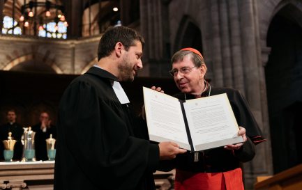 16 septembre 2018, Bâle, signature d'une déclaration d'intention oecuménique par Gottfried Locher et Kurt Koch