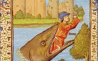 Jonas rejeté par le grand poisson, extrait de la Bible du pape Jean XXII (XIVe siècle).